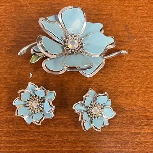 Silver and Blue Floral Brooch and Earring Set